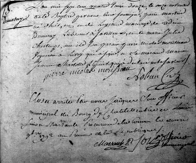 Dernier acte de baptême enregistré au Châtelet par le curé Noleau et clôture du registre paroissial (Archives communales du Châtelet)