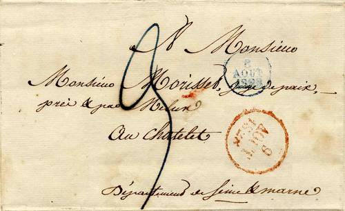 Courrier du 9 août  1828 à destination du Juge de Paix du Châtelet-en-Brie Avant l ’apparition du timbre poste (Collection SHCB)